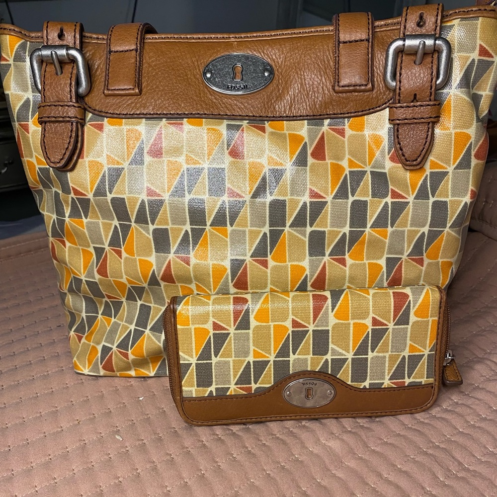FOSSIL Key-Per Calypso Brown Grey Orange Cowhide Leather Bag Purse With Wallet